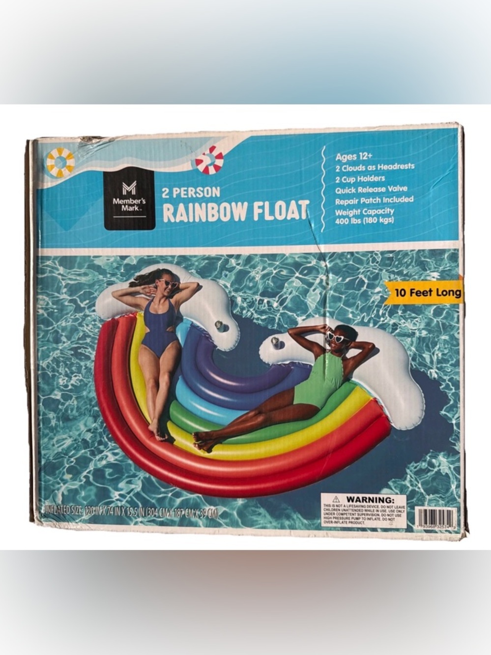 Member's Mark 2 Person Rainbow Float 10ft Long Inflatable Pool Lake Island Cloud